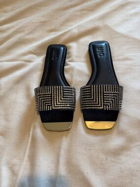 INC International Concepts Black Slide Sandals with Gold Toe Trim